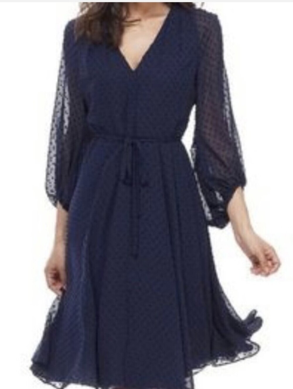 GAL MEETS GLAM Navy Textured Wrap Swiss Dot-Belted Midi Sheer Dress-Size:6